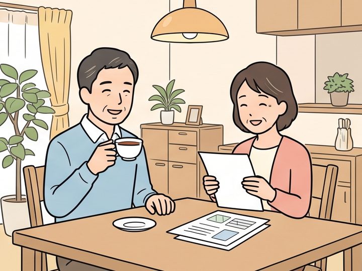 報告書を見て安心して話す家族のイラスト