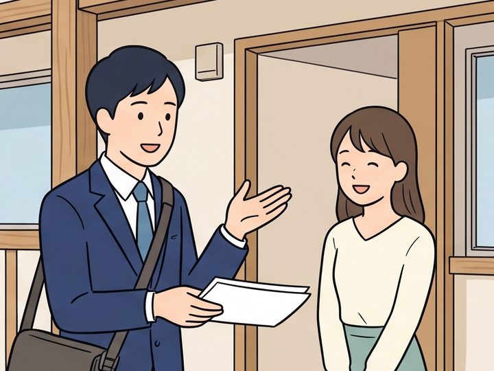 入居者に書類を見せて説明するスタッフのイラスト