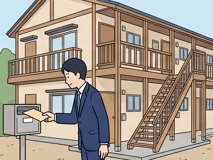 アパートの郵便受けにお知らせを入れるスタッフのイラスト