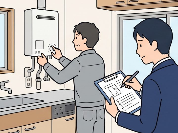 給湯器を点検する職人と記録するスタッフのイラスト