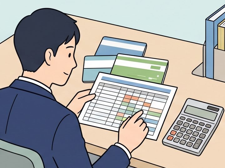 家賃の一覧表と通帳を確認するスタッフのイラスト