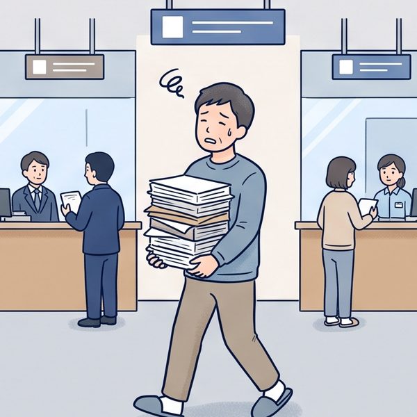 2つの窓口の間を書類を抱えて行き来する男性のイラスト