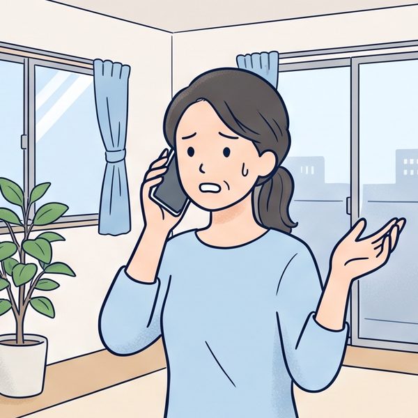 離れた街で電話をしながら心配そうな女性のイラスト