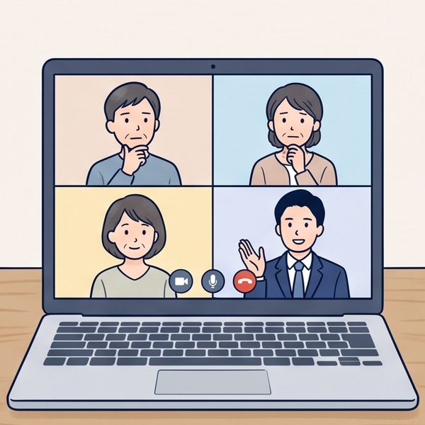 パソコンの画面で兄弟と行政書士がオンラインで話し合っているイラスト
