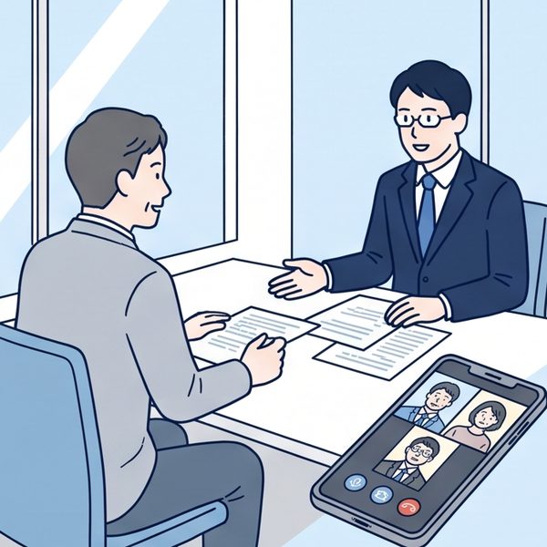 行政書士と男性が書類を前に話し、スマホの画面に兄弟が映っているイラスト