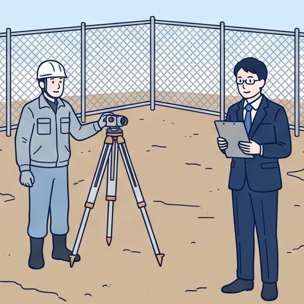 更地で測量をする作業員と見守る行政書士のイラスト