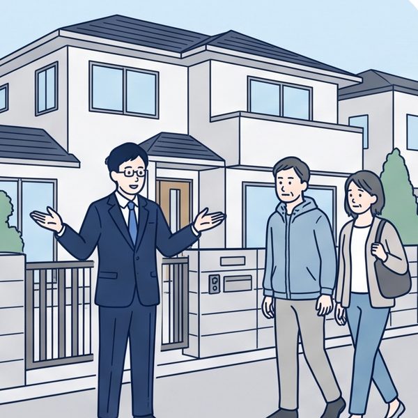 住宅街の一戸建ての前で、ご夫婦に家を案内する行政書士のイラスト