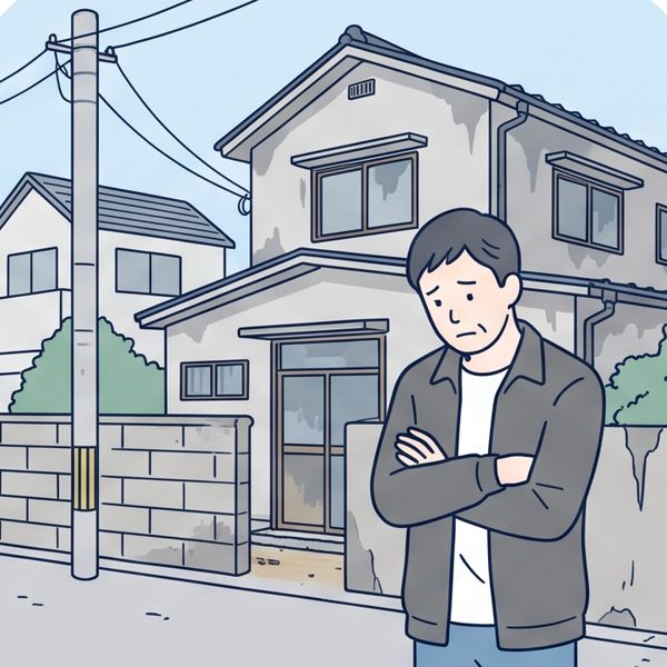 住宅地の古い一戸建ての前で腕を組んで考える男性のイラスト