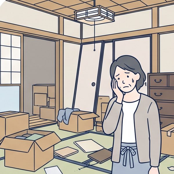 家財が残った和室で困った顔をする女性のイラスト