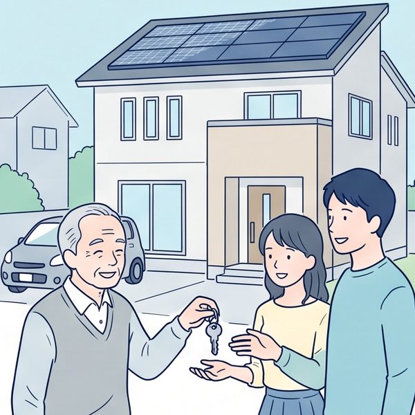 太陽光パネルのある家の前で、売主が買主のご夫婦に鍵を渡しているイラスト