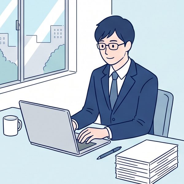 行政書士がノートパソコンで電子申請をしているイラスト