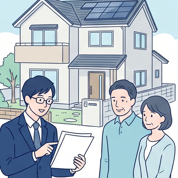 屋根に太陽光パネルのある家の前で、行政書士がご夫婦に書類を見せて説明しているイラスト