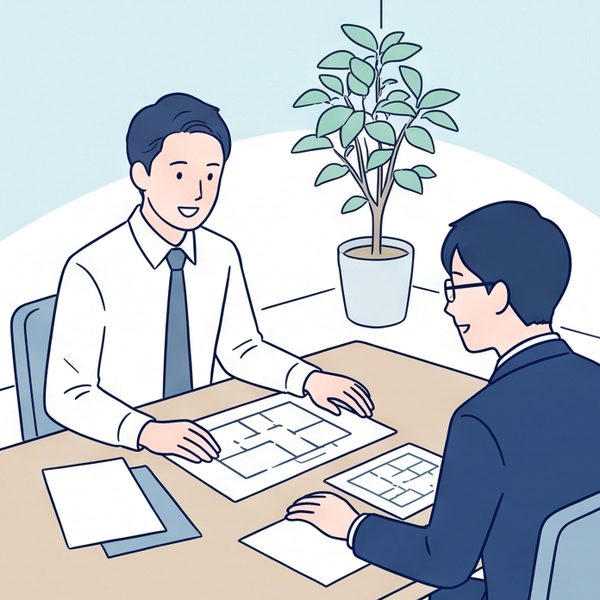 不動産会社の担当者と行政書士が間取り図を見ながら打ち合わせをしているイラスト