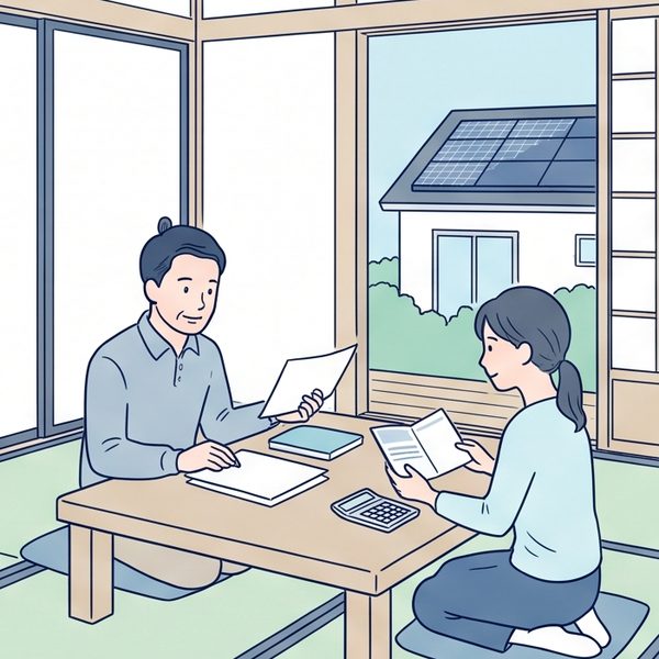 和室で兄と妹が書類と通帳を広げて相談しているイラスト