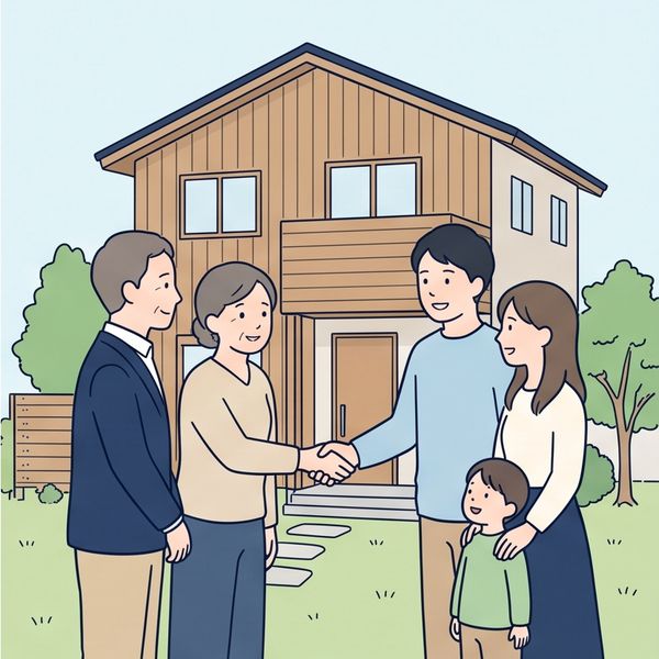 家の前で握手する売主と買主のイラスト